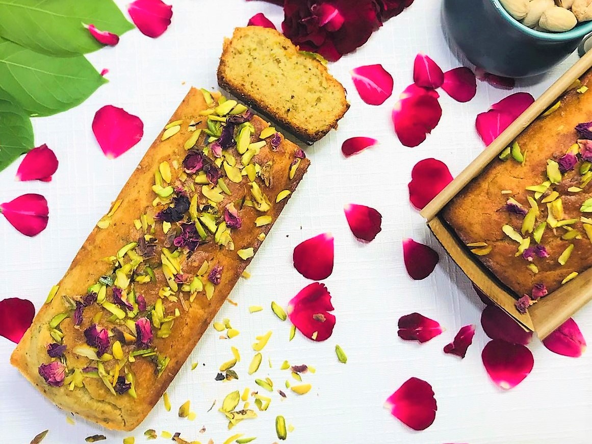 Eggless Rose and Pistachio Cake Recipe