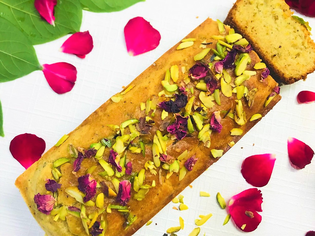 Eggless Rose and Pistachio Cake Recipe