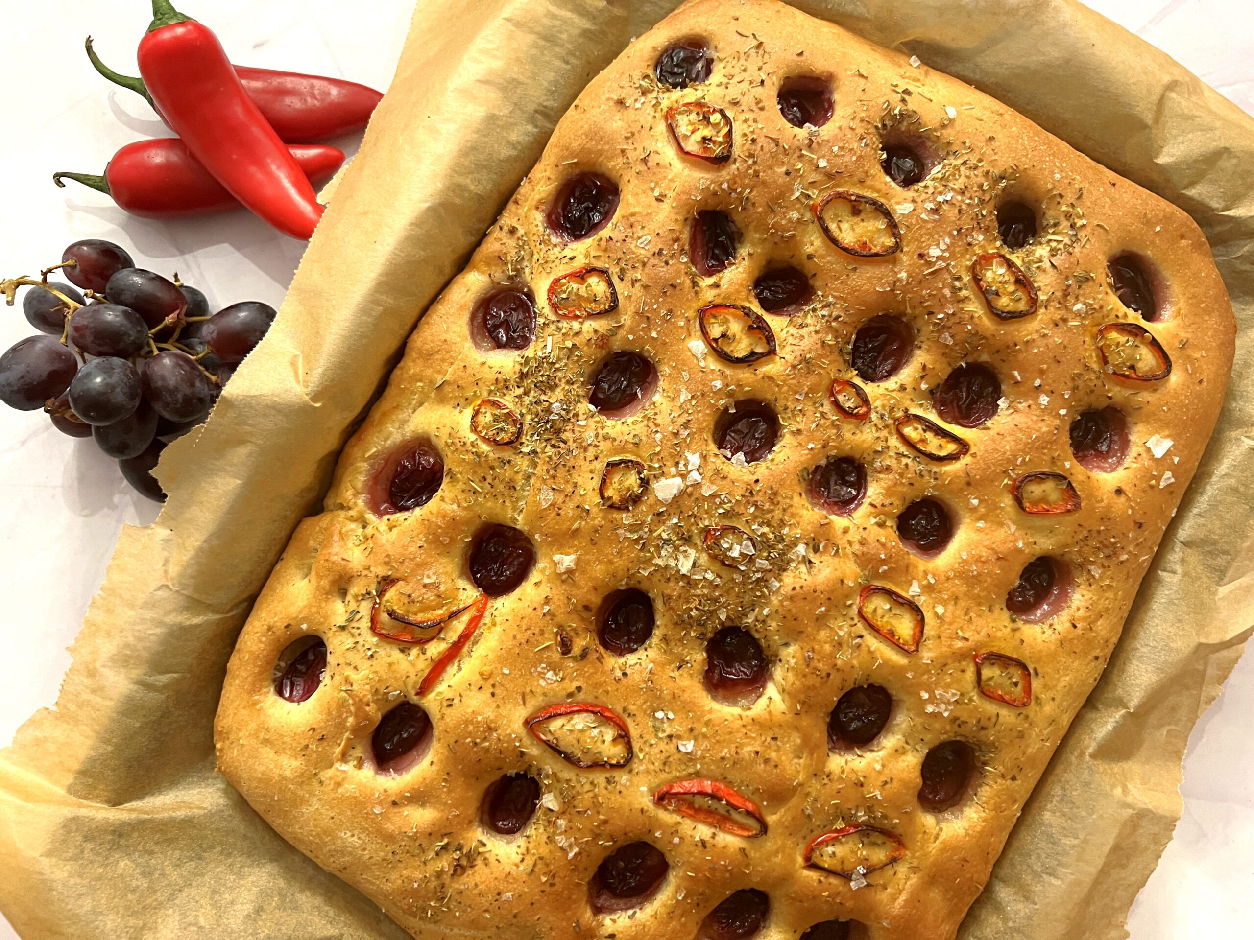 Grapes and Chilli Focaccia Recipe