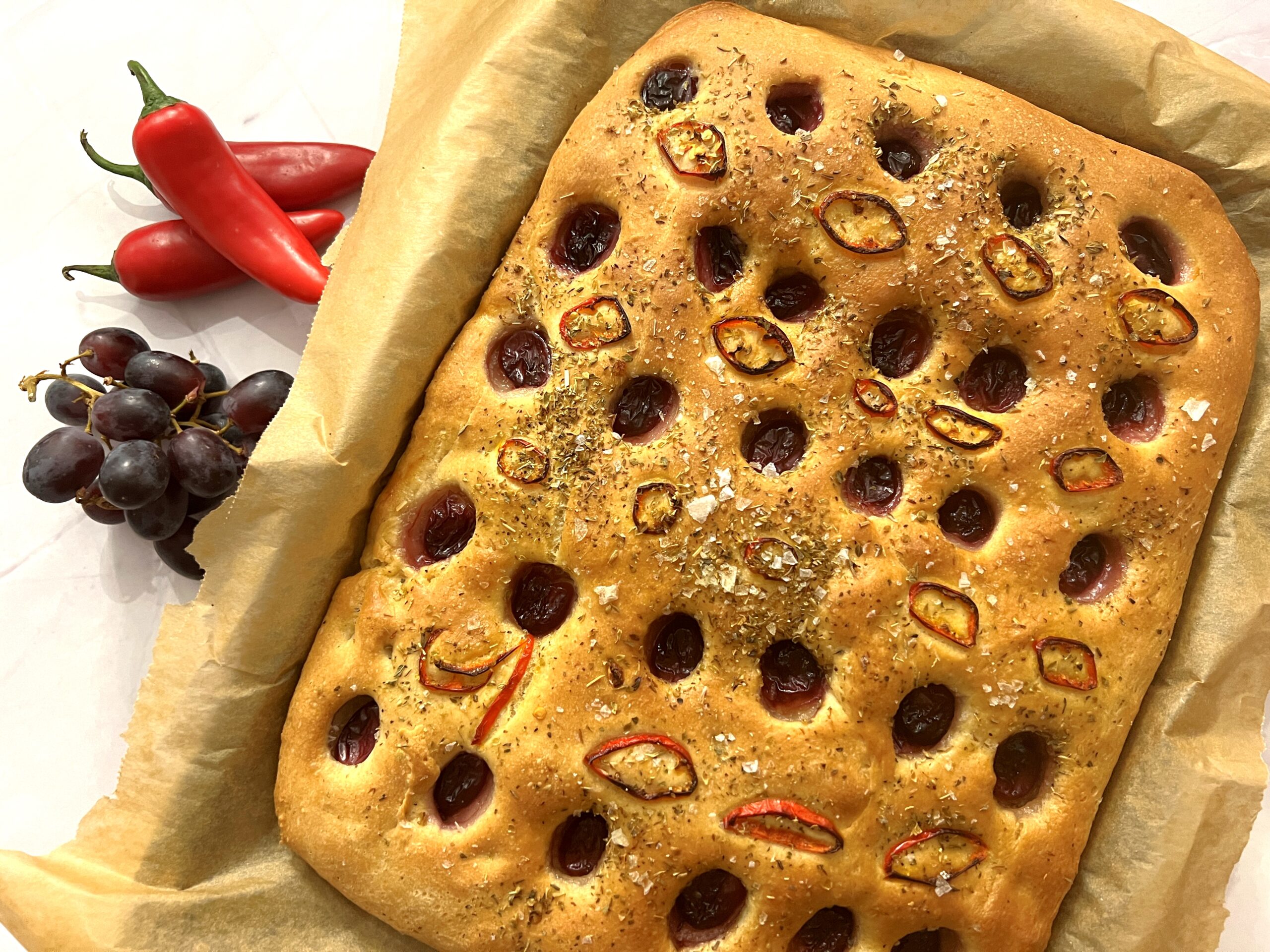 Grapes and Chilli Focaccia Recipe