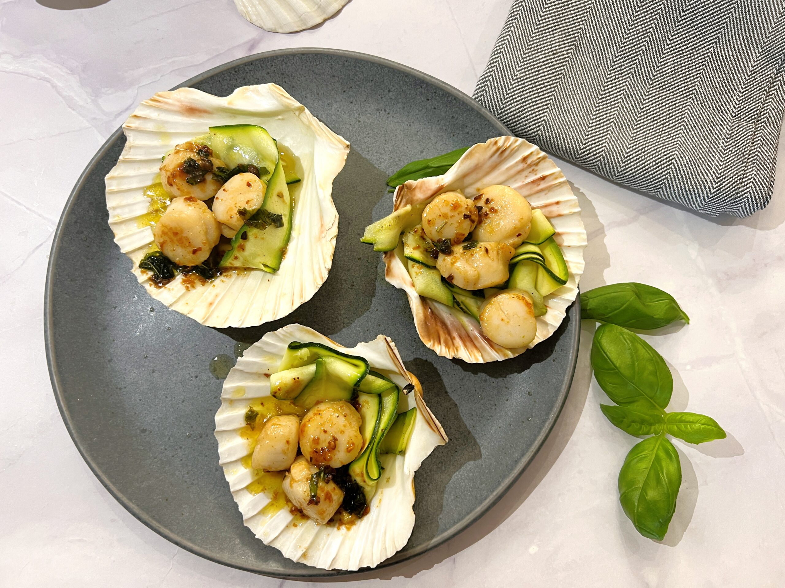 Seared Basil Scallops with Courgette Ribbons Recipe